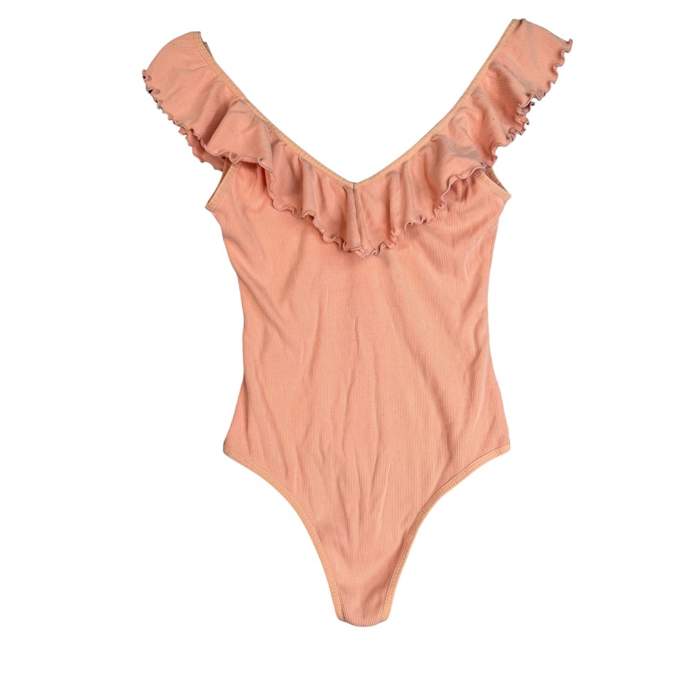 Wilfred Aritzia Ribbed Ruffle V-Neck Bodysuit Peach Coral Small Thong‎ Back